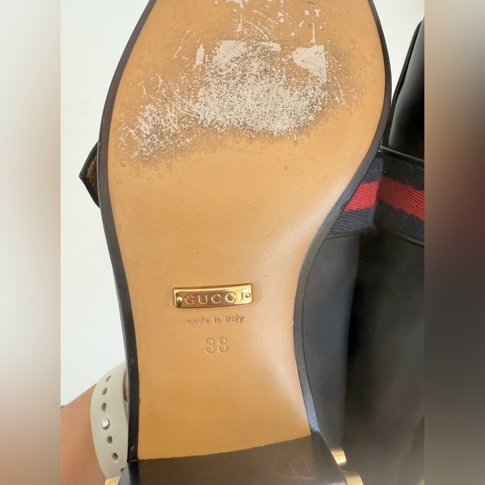 Gucci Black leather GG Web Pearl embellished Peyton loafers block heel EU 38 - Picture 7 of 11